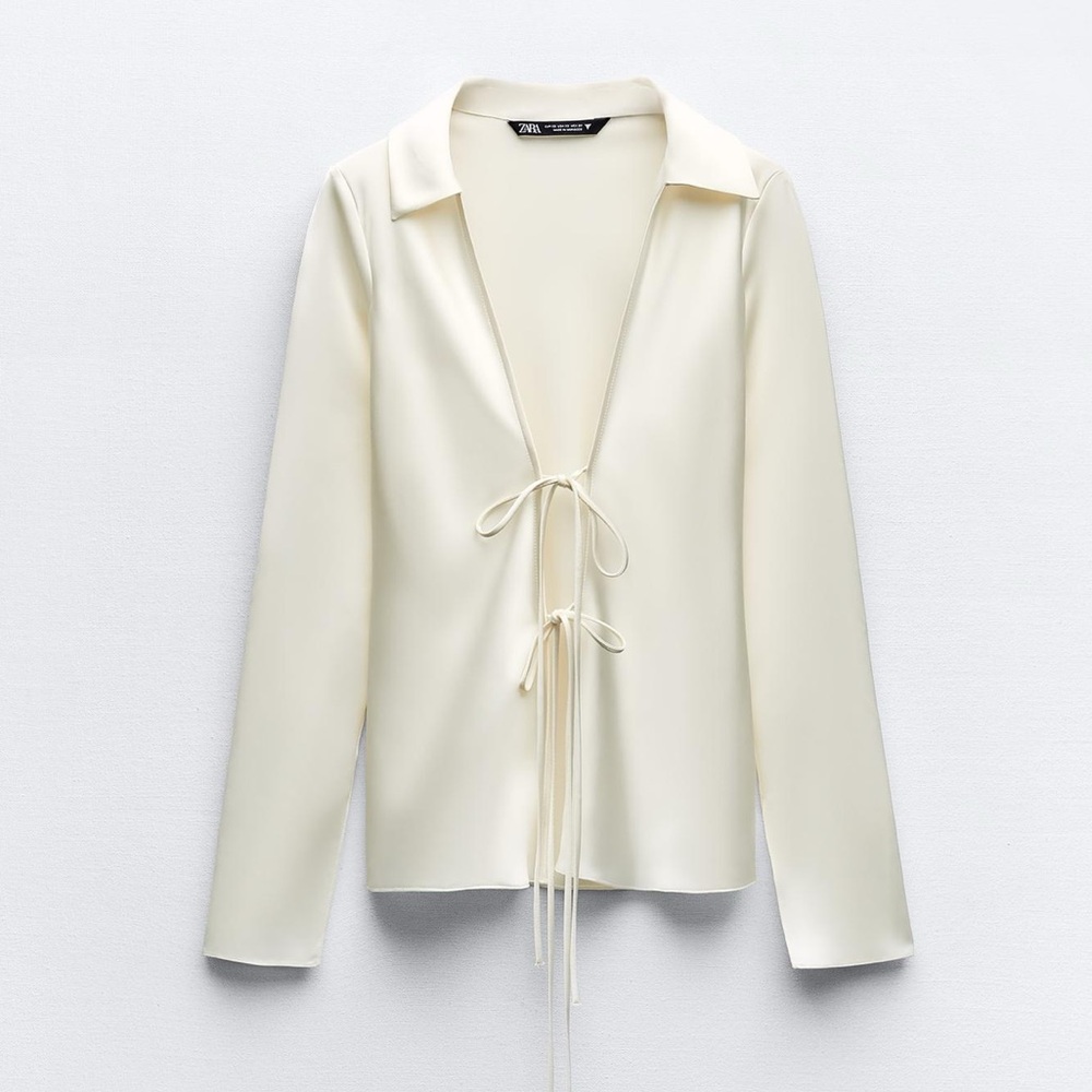Zara Satin Effect Shirt With Ties - Ivory Tie-Detail Top